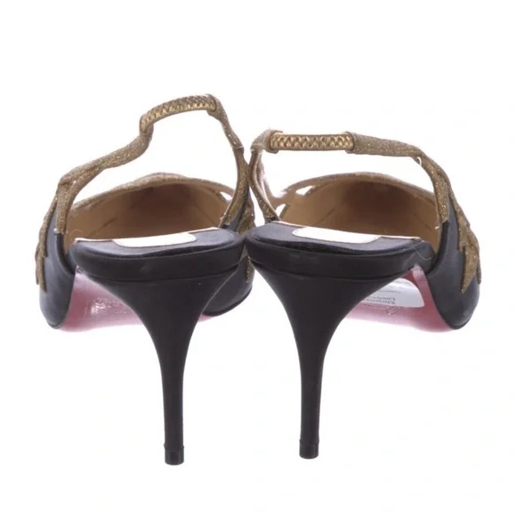 Christian Louboutin black/gold Glitter Patterned Slingback Pumps - Picture 4 of 5